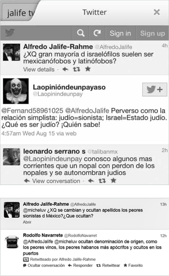 
							Tuits en los que se acusa a los judíos de despreciar a México.
						
