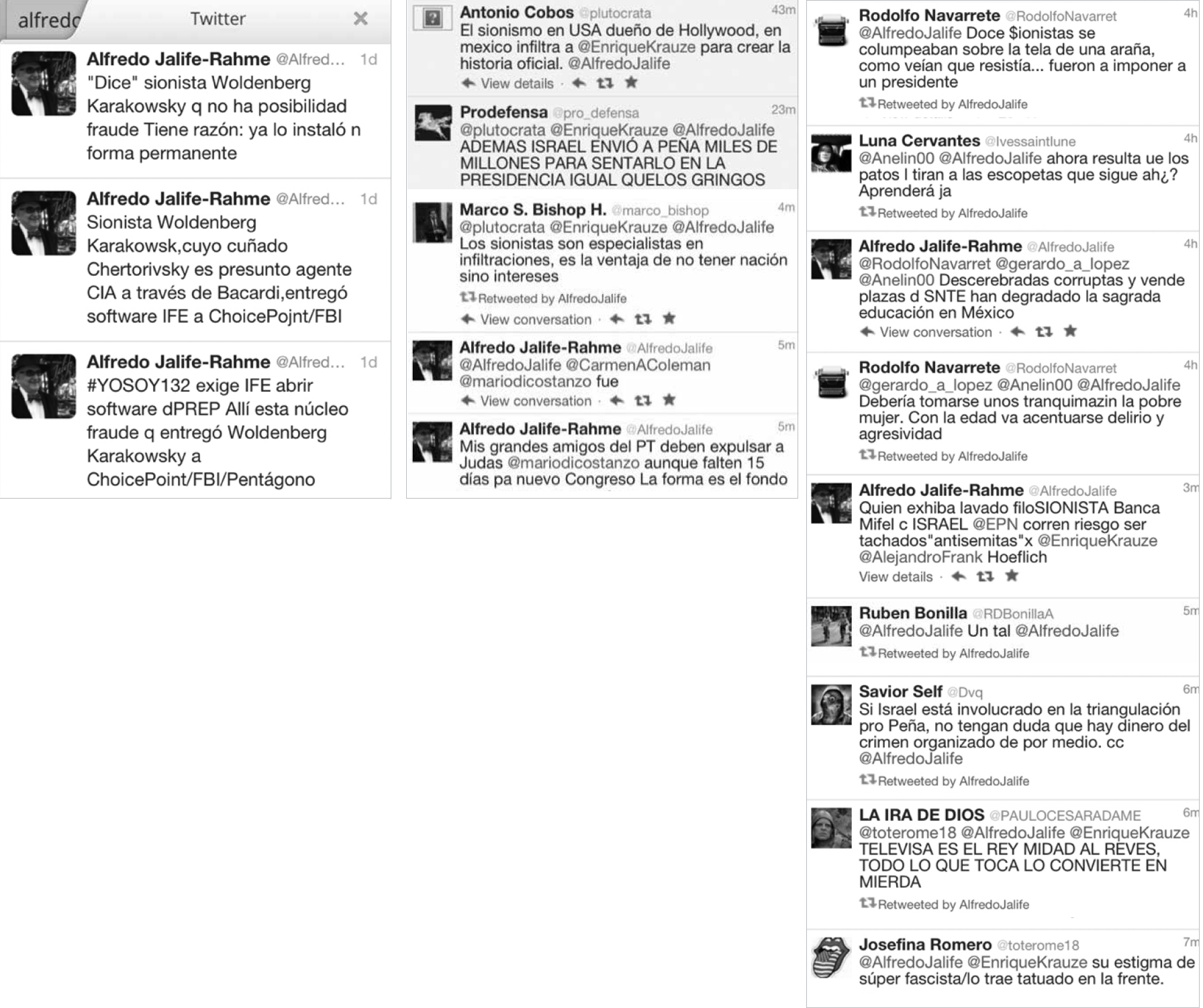 
							Conversaciones en Twitter en las que se le imputa a los judíos el fraude electoral de 2012.
						